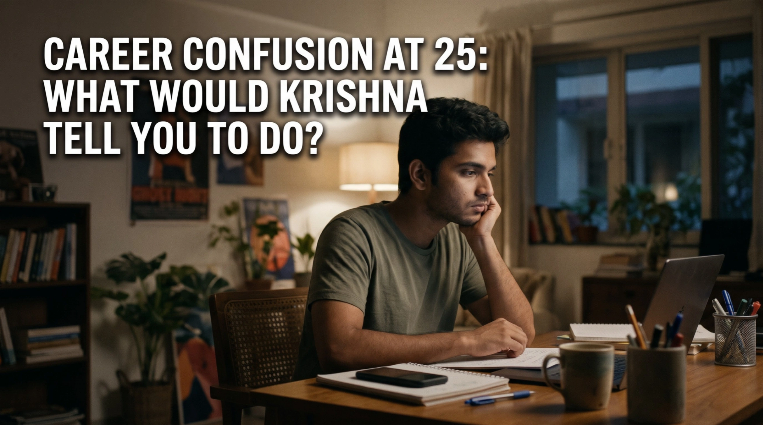 Young professional reflecting on career confusion at 25, inspired by Lord Krishna’s wisdom from the Bhagavad Gita about finding clarity, purpose, and the right direction in life.