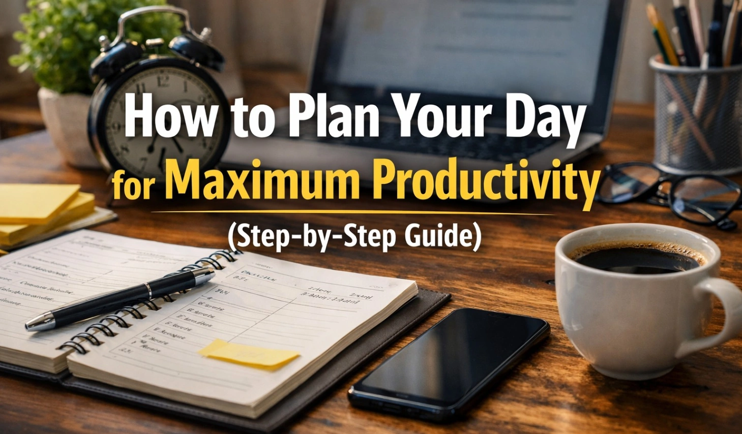 A realistic workspace setup featuring a planner, laptop, coffee cup, and clock on a wooden desk, with bold text reading “How to Plan Your Day for Maximum Productivity (Step-by-Step Guide)” in a clean 16:9 layout.