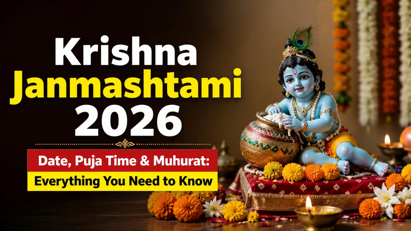 Krishna Janmashtami 2026 Date, Puja Time & Muhurat with Lord Krishna idol, diya and festive decorations