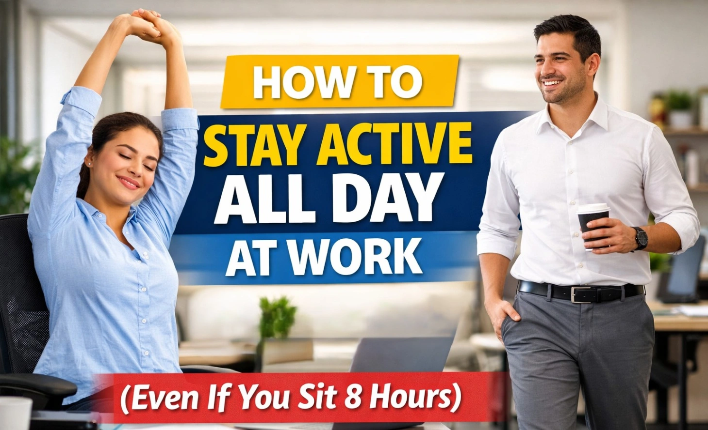A modern office thumbnail showing a woman stretching at her desk and a man walking with coffee, with bold text “How to Stay Active All Day at Work (Even If You Sit 8 Hours)” highlighting simple ways to stay active during long desk job hours.