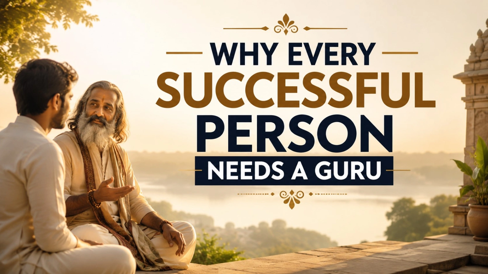 A wise guru guiding a young seeker beside a peaceful riverside at sunrise, with the bold title “Why Every Successful Person Needs a Guru.”