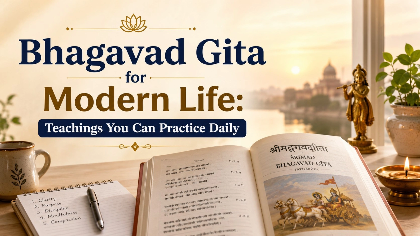 A serene Bhagavad Gita blog banner showing an open Gita book on a peaceful desk with soft golden light, a Krishna statue, diya, notebook, and bold title text: “Bhagavad Gita for Modern Life: Teachings You Can Practice Daily.”