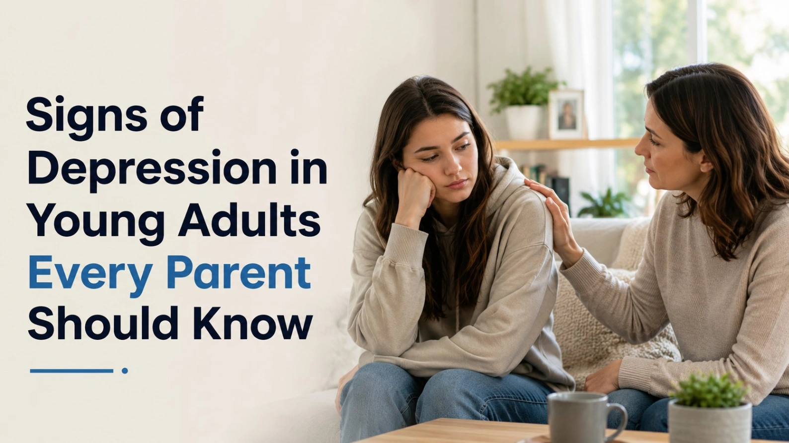 Young adult showing signs of depression while a concerned parent offers emotional support at home.