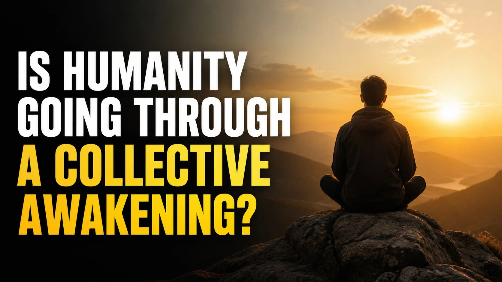 A realistic yet minimalistic 16:9 blog thumbnail showing a thoughtful human silhouette standing beneath a glowing cosmic sky, symbolizing collective awakening and rising human consciousness. Soft golden and blue spiritual tones surround the scene, with subtle light energy flowing through the atmosphere. Bold centered title text reads: “Is Humanity Going Through A Collective Awakening?” The image evokes introspection, spirituality, emotional healing, and global consciousness shift.
