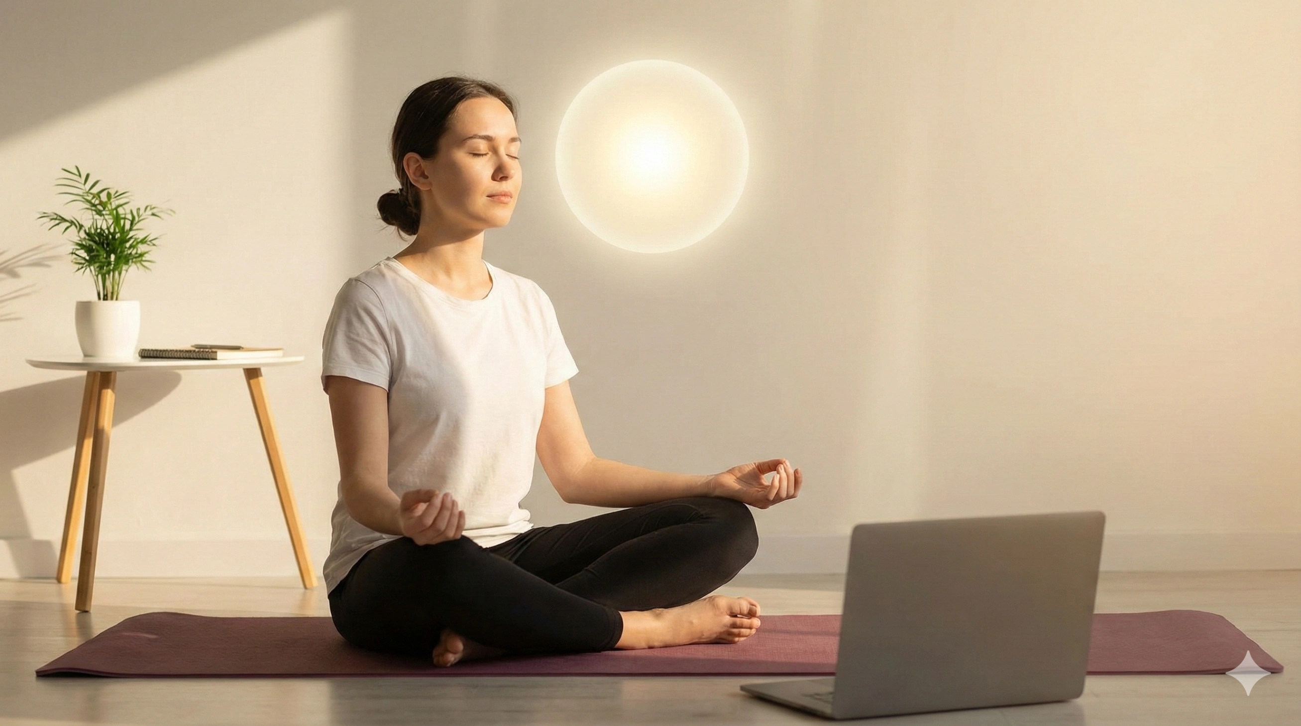 A person in a meditative pose on a yoga mat in a sunlit room with a laptop, a glowing light above their head symbolizing conscious awareness.