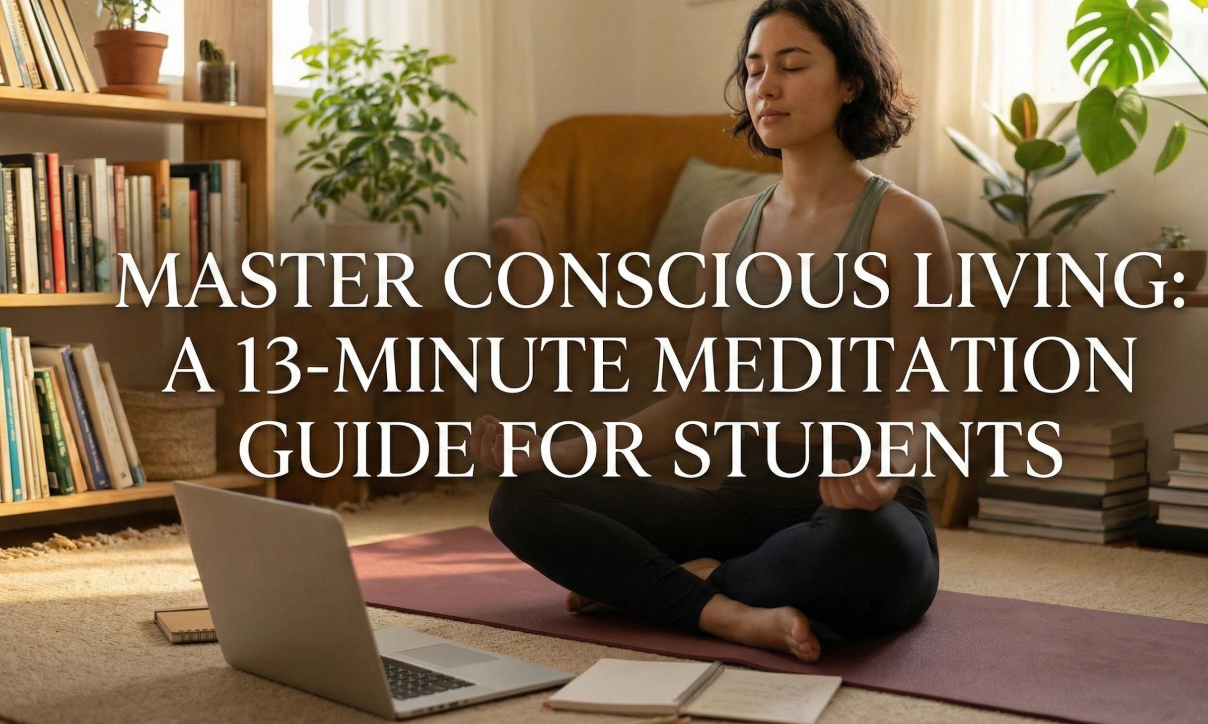 A student meditating peacefully in a sunlit study room with a laptop and books nearby, featuring the title text: Master Conscious Living: A 13-Minute Meditation Guide for Students.