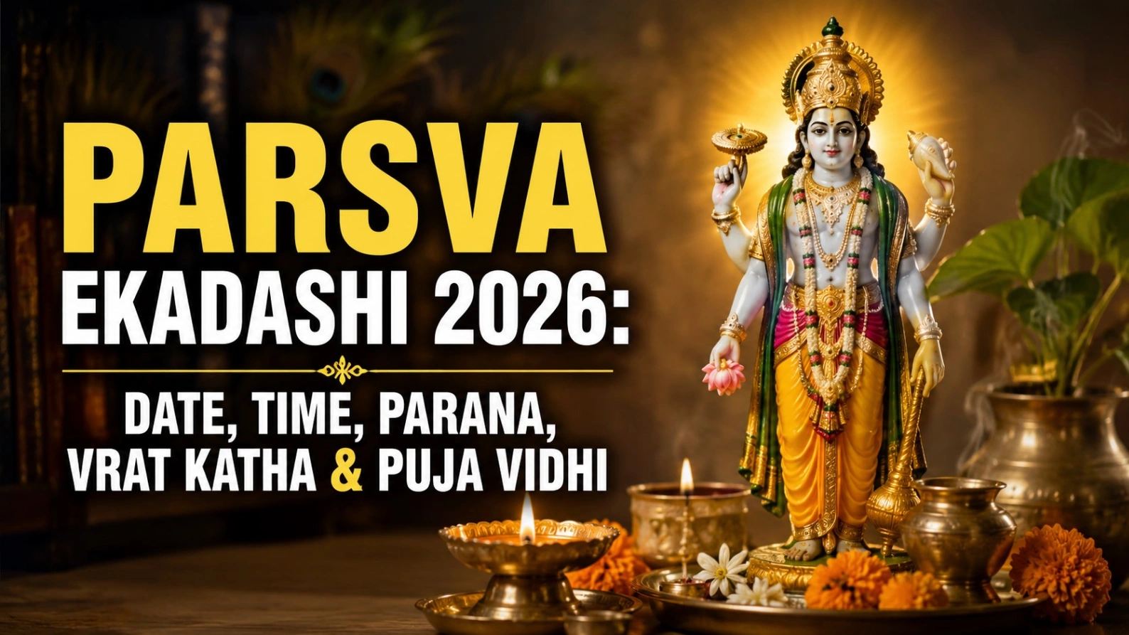 Parsva Ekadashi 2026 banner featuring Lord Vishnu with glowing diyas and the title “Date, Time, Parana, Vrat Katha & Puja Vidhi.”