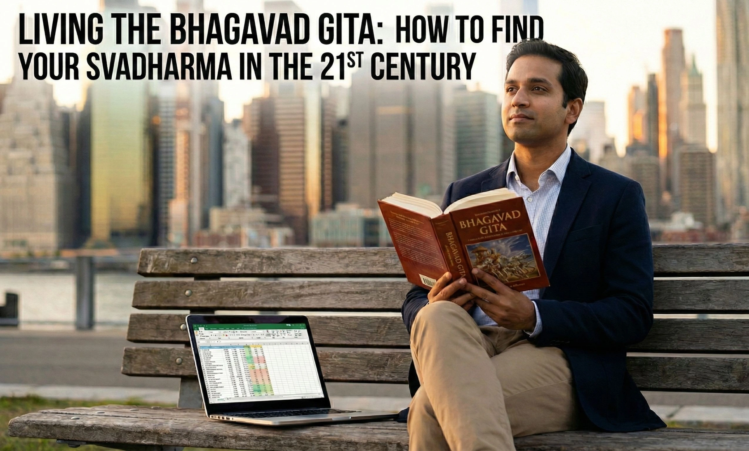 A professional man sitting on a wooden park bench against a city skyline, reading the Bhagavad Gita with an open laptop beside him. The title text overlay reads: 