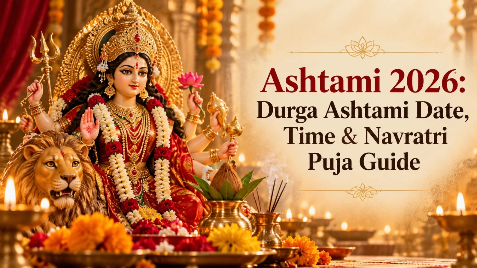 Durga Ashtami 2026 featured image with Maa Durga, lion, diyas, flowers and puja items, titled “Ashtami 2026: Durga Ashtami Date, Time & Navratri Puja Guide.”