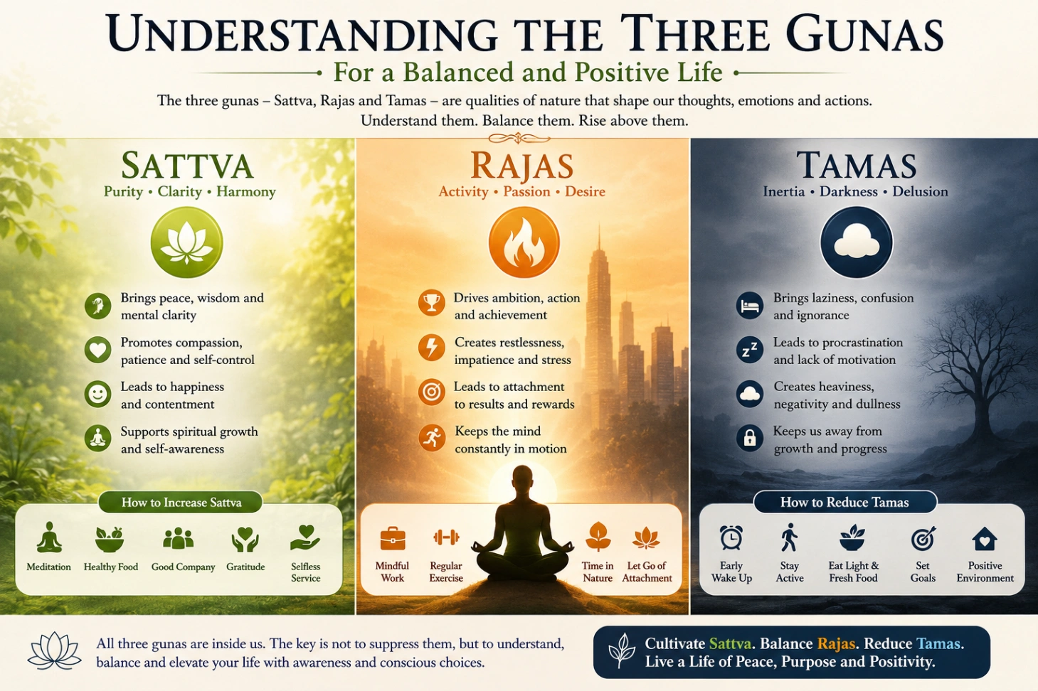 Infographic explaining the three gunas—Sattva, Rajas and Tamas—with spiritual symbols, nature-inspired backgrounds and tips for creating a balanced and positive life.