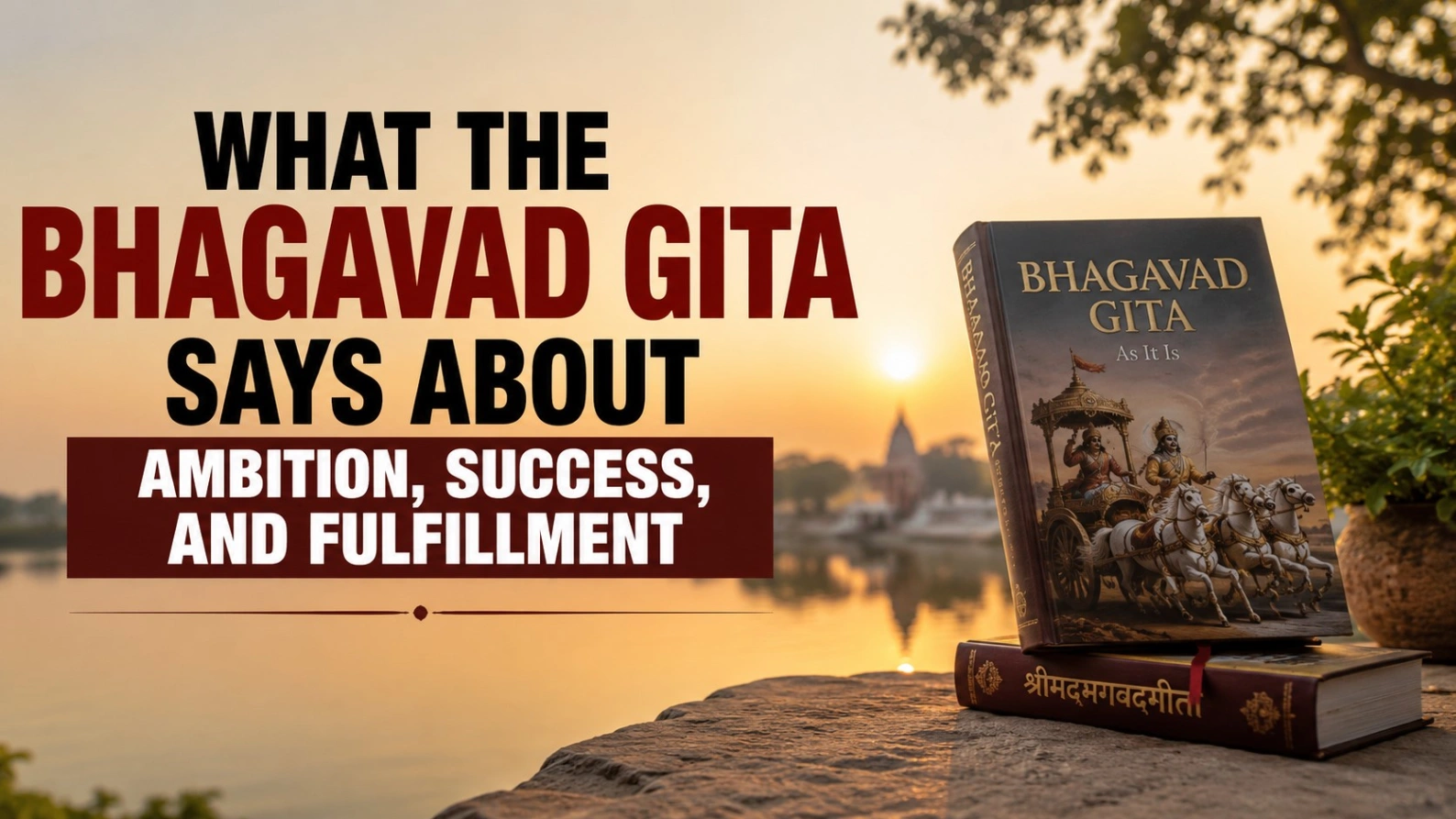 A realistic 16:9 spiritual-themed thumbnail featuring a copy of the Bhagavad Gita placed beside a calm riverside at sunrise. Warm golden light reflects on the water while soft-focus temple silhouettes appear in the background. Bold headline text reads: