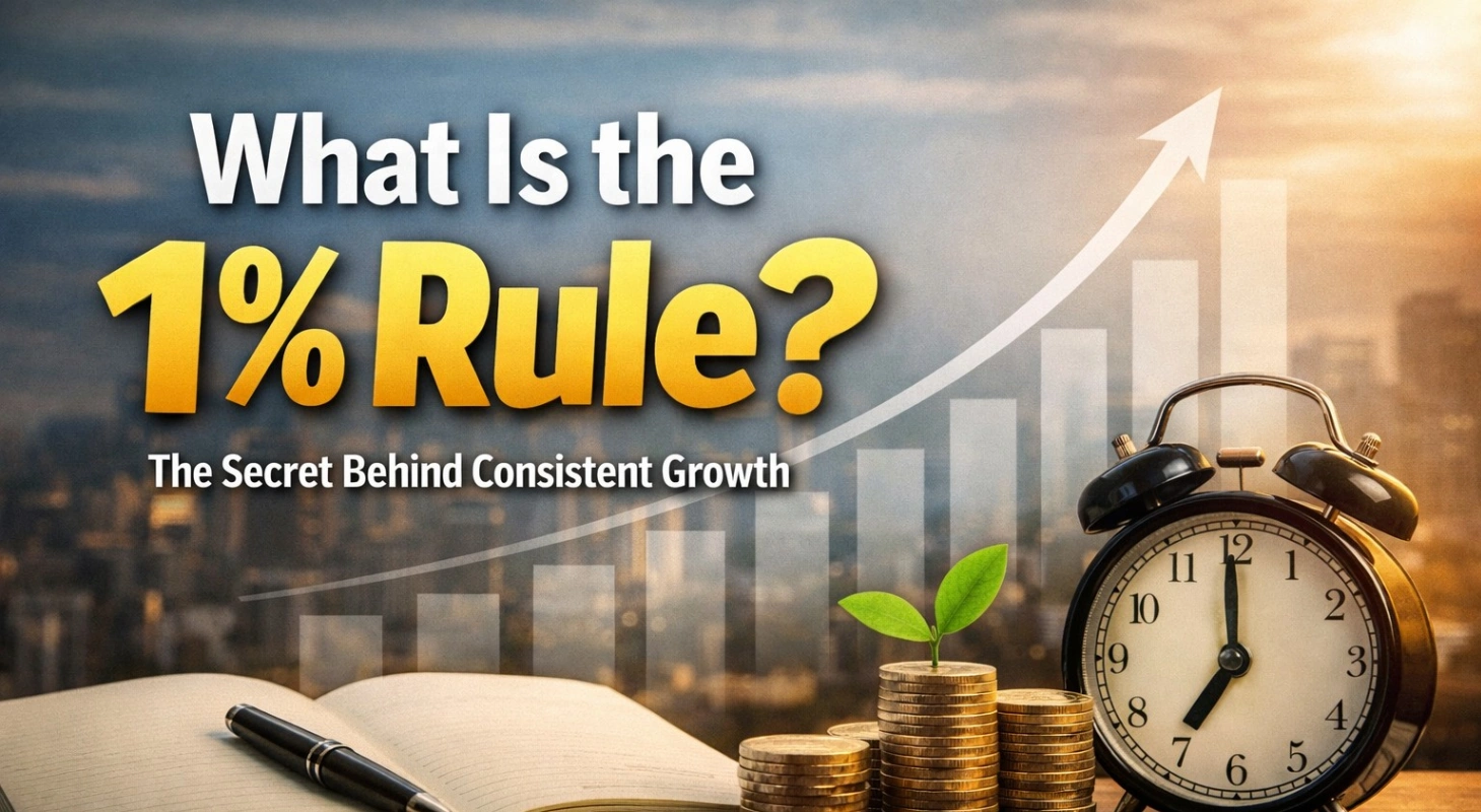 A realistic 16:9 banner image showing the title “What Is the 1% Rule? The Secret Behind Consistent Growth” in bold text, with a background of a rising graph, coins stacked with a small plant growing, an open notebook, and an alarm clock symbolizing progress, consistency, and personal growth.
