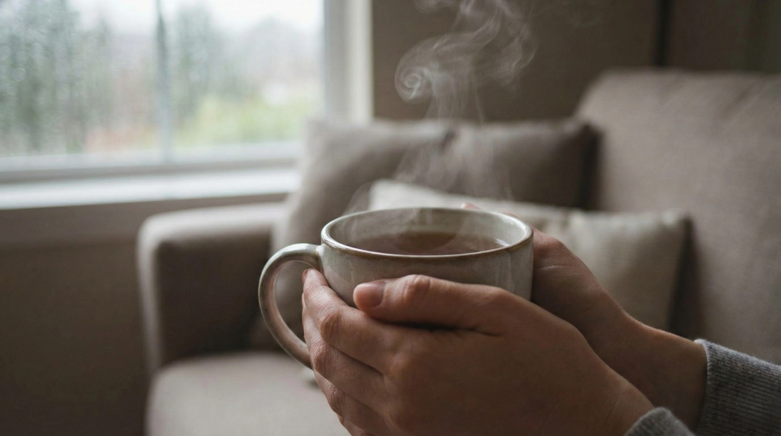 Close-up of hands holding a warm cup of tea with steam rising, symbolizing a moment of mindfulness and being present.