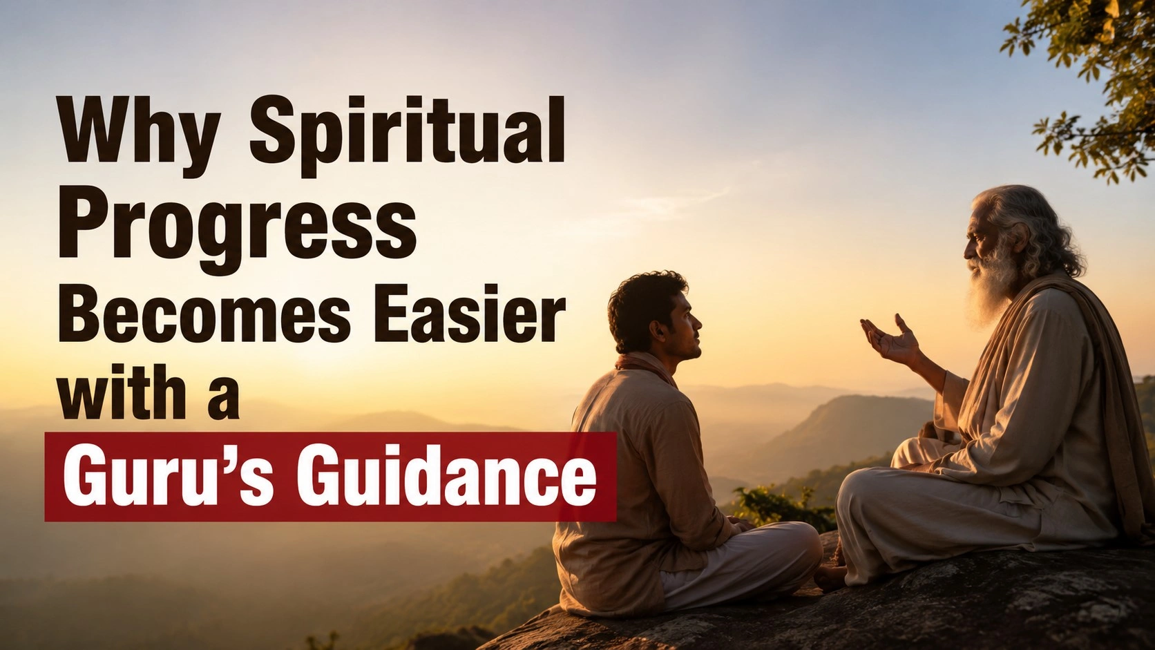 A spiritual guru and disciple sit together on a mountain at sunrise, engaged in a peaceful conversation overlooking mist-covered valleys. Warm golden light fills the scene, symbolizing wisdom, divine guidance, and spiritual awakening. Bold text reads: 