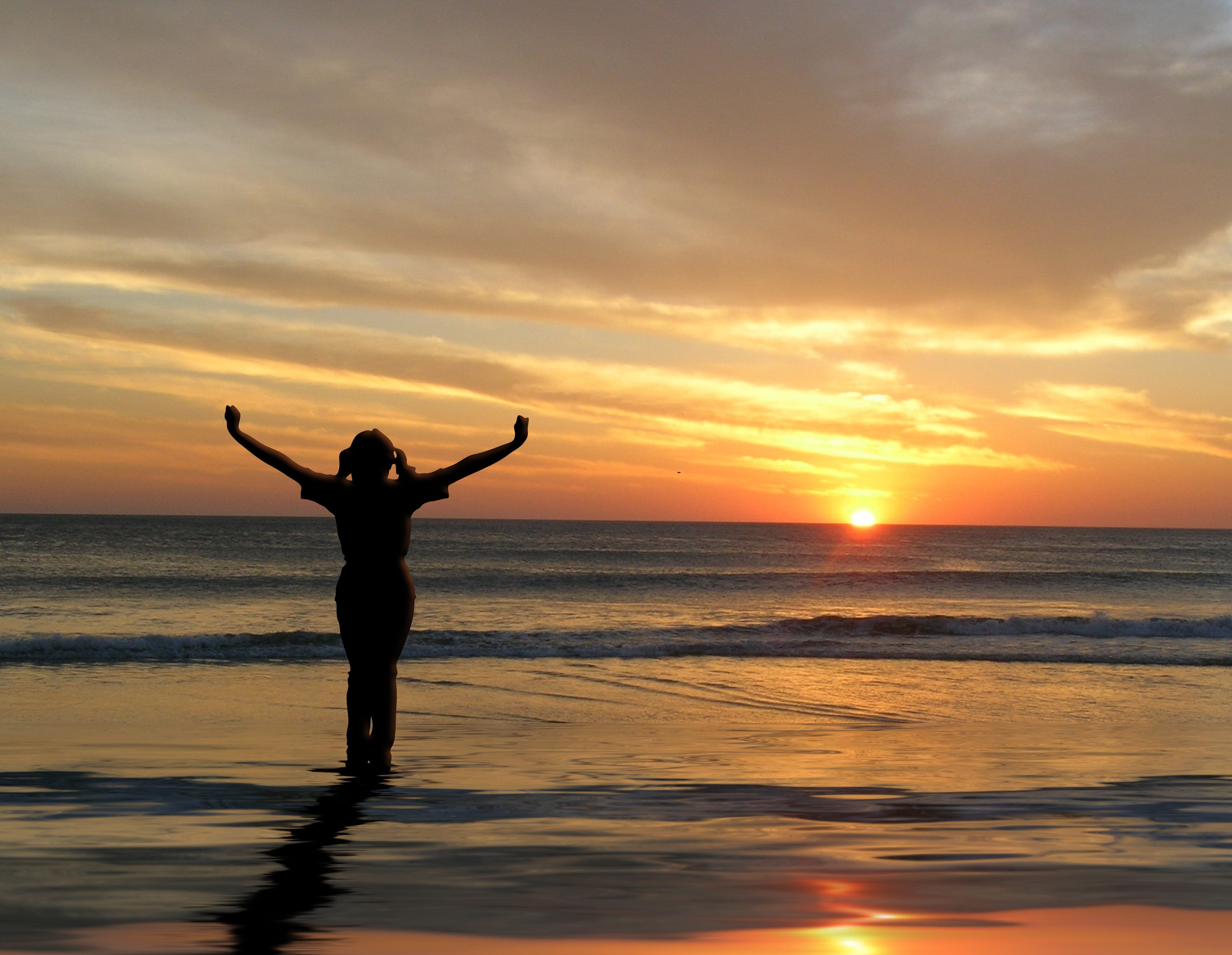 Royalty-Free photo: Silhouette photo of a woman spreading her hands near seashore during golden hour | PickPik