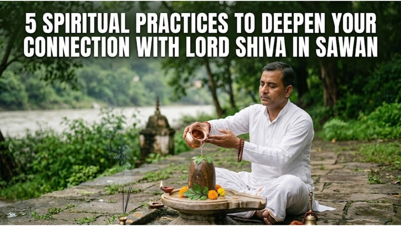 A photograph of a man in traditional white clothing, seated cross-legged on a stone path beside a wide river, pouring water from a copper pot over a Shiva Lingam adorned with marigold flowers and green leaves. Rudraksha beads are on his wrist and neck. A small lit oil lamp and incense sticks are present. Bold white text overlay at the top reads: 