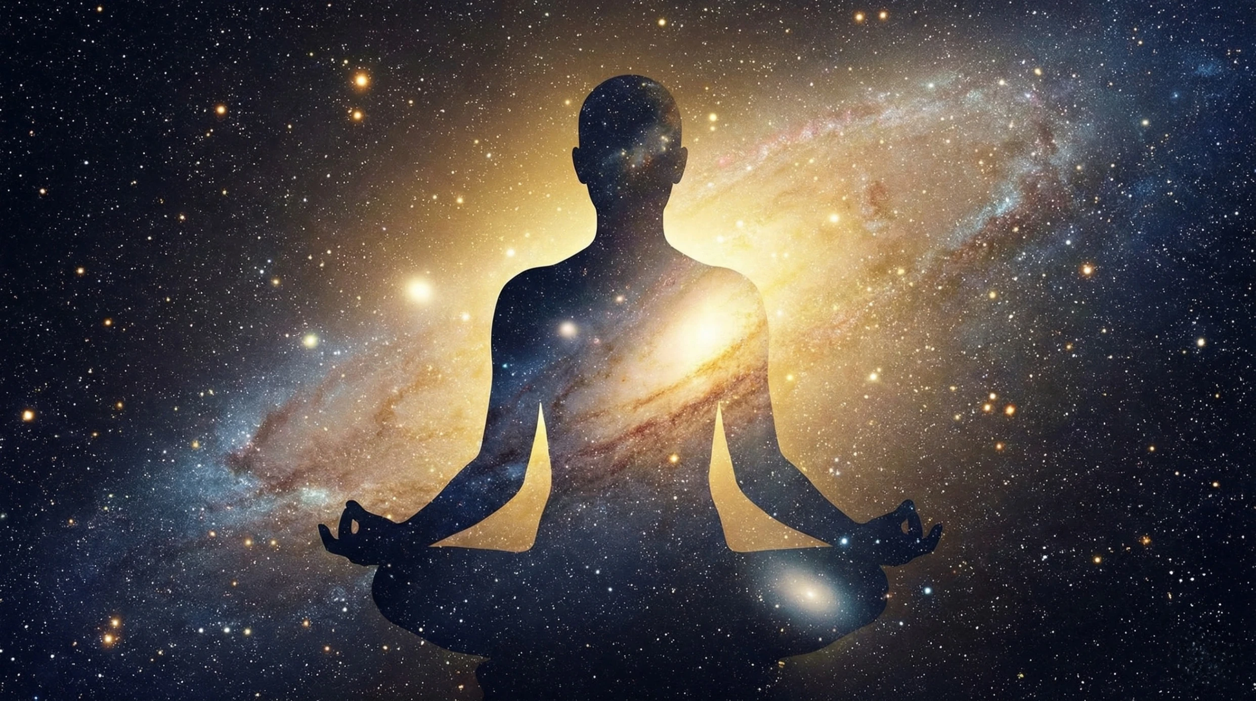 An artistic silhouette of a person in a meditation pose, with their body filled with galaxies and stars, illustrating the state of Nirvikalpa Samadhi and merging with cosmic consciousness.