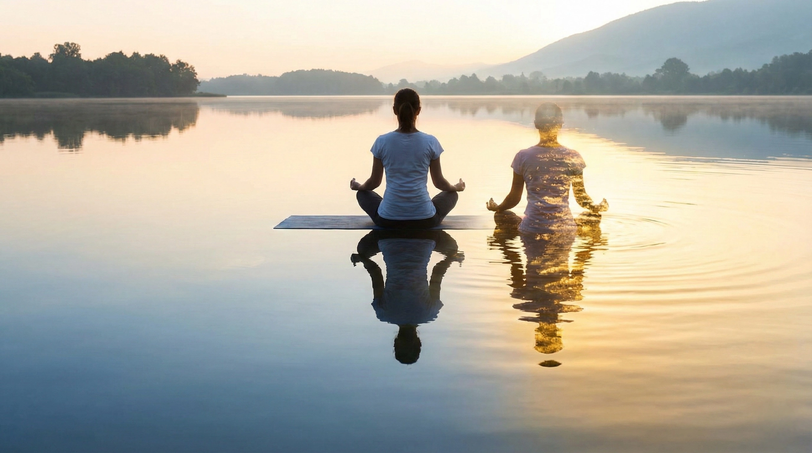 A person meditating by a lake at sunrise, with their form and reflection dissolving into golden light, symbolizing the merging of the observer and observed in the state of Samadhi.