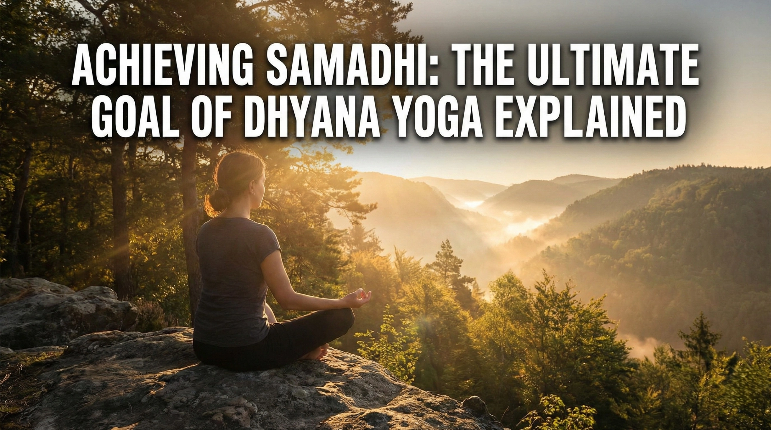 A person practicing Dhyana Yoga meditation in a serene mountain landscape at sunrise, illustrating the path to spiritual enlightenment. The image features bold text overlay: 