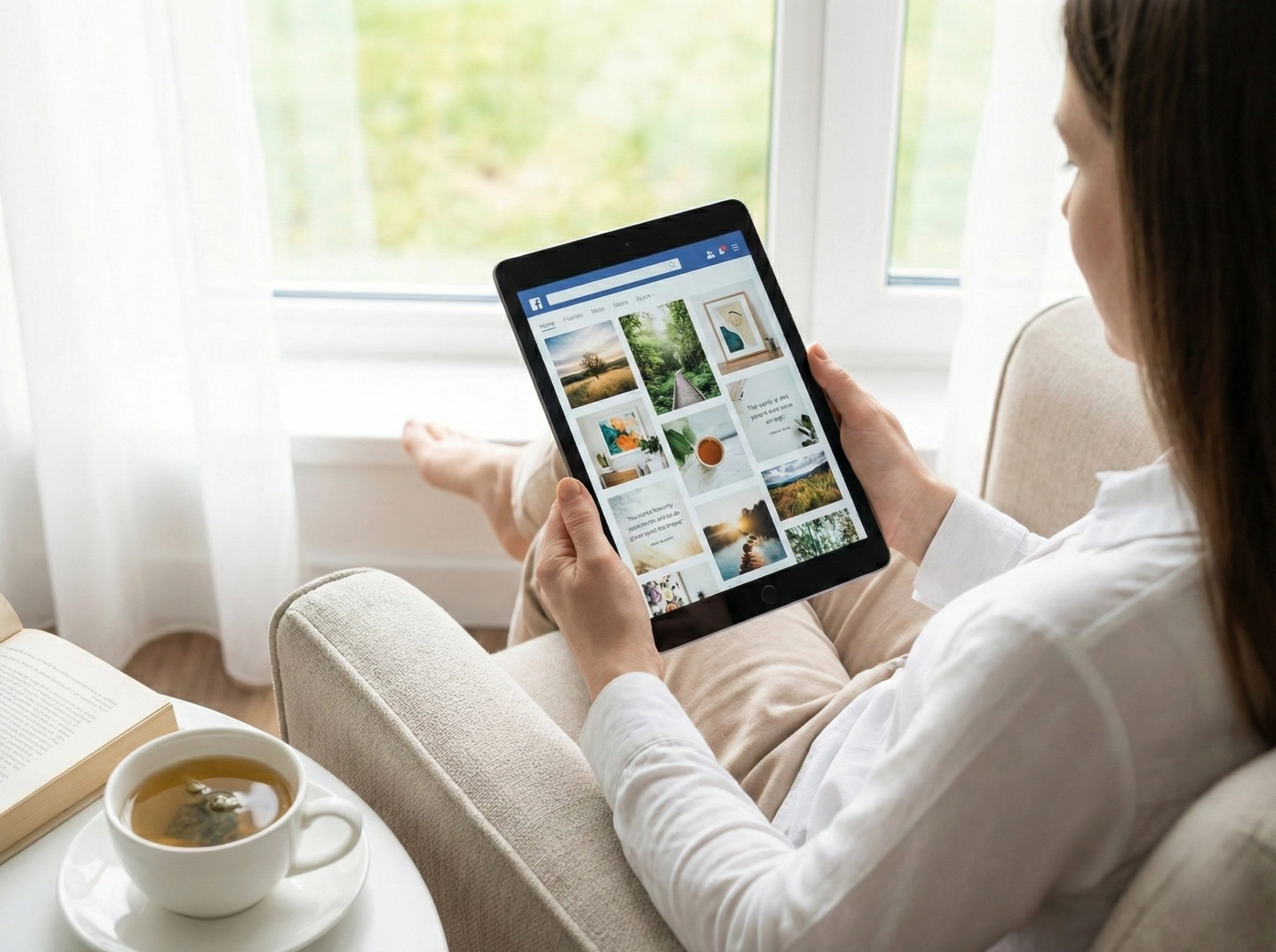 A person relaxing in a sunlit armchair by a window, looking at a curated, inspiring social media feed of nature and art on a tablet, representing mindful scrolling and digital wellness.