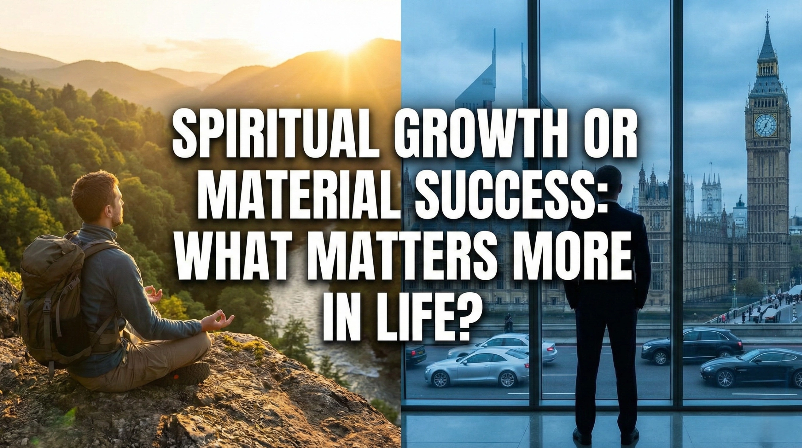 A split-screen blog thumbnail comparing two lifestyles. On the left, a man sits peacefully on a sunlit mountain cliff overlooking a river valley, representing spiritual growth. On the right, a businessman in a suit stands in a modern high-rise office looking out at a busy city skyline, representing material success. Large, bold white text overlays the center reading: