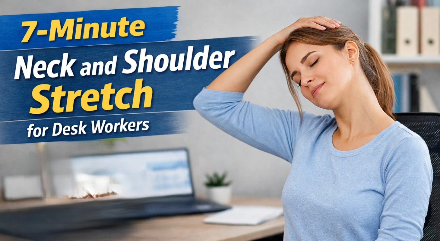 Alt Text: A woman sitting at a desk in a modern office gently stretching her neck while bold text reads “7-Minute Neck and Shoulder Stretch for Desk Workers” with icons highlighting pain relief and tech neck correction.