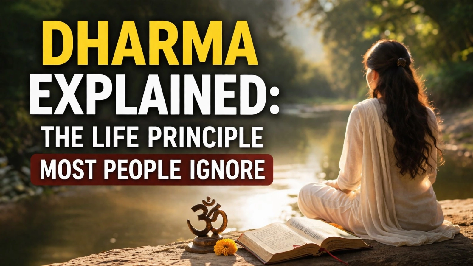 A calm spiritual scene showing a person standing at a crossroads during sunrise, symbolizing life choices and purpose, with soft golden light and a peaceful background. Bold text reads “Dharma Explained: The Life Principle Most People Ignore.”