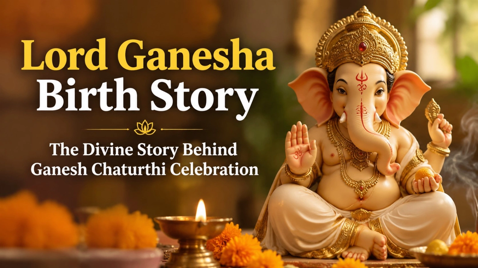 Lord Ganesha birth story illustration featuring a divine Lord Ganesha idol with golden ornaments, diya, flowers, and bold text highlighting “Lord Ganesha Birth Story: The Divine Story Behind Ganesh Chaturthi Celebration” in a warm festive background.