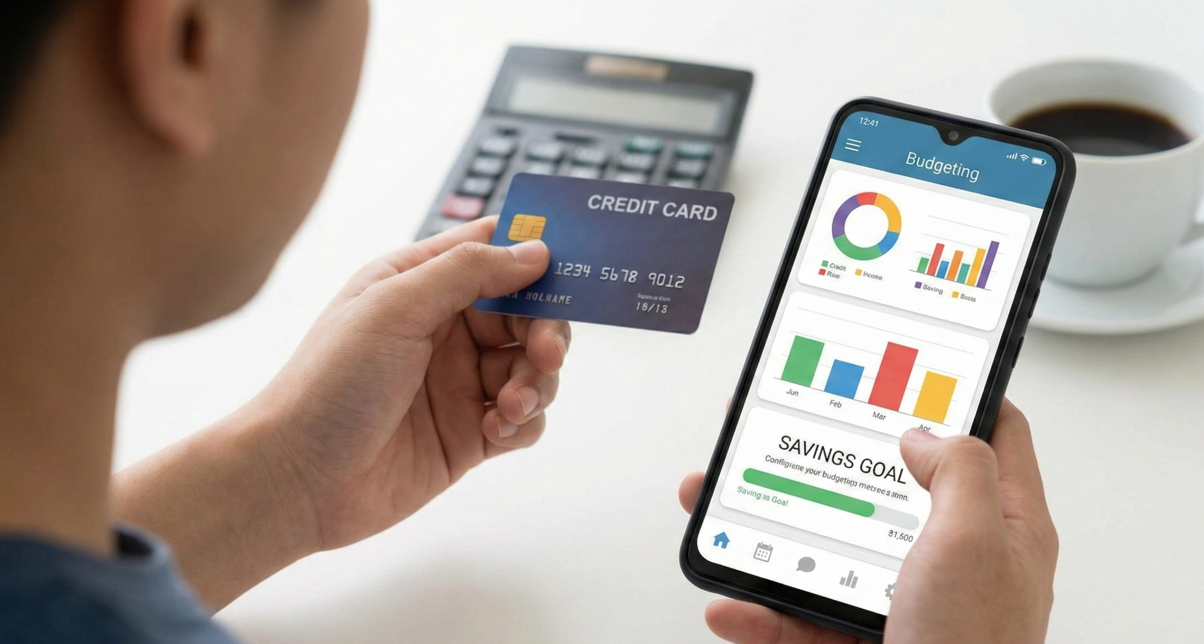 A person holding a credit card and a smartphone with a budgeting app open, with a calculator and coffee in the background.
