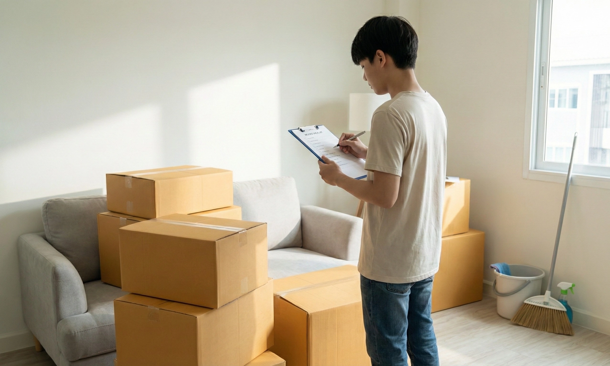 A young person checking a list on a clipboard in a new, sparsely furnished apartment filled with cardboard boxes.