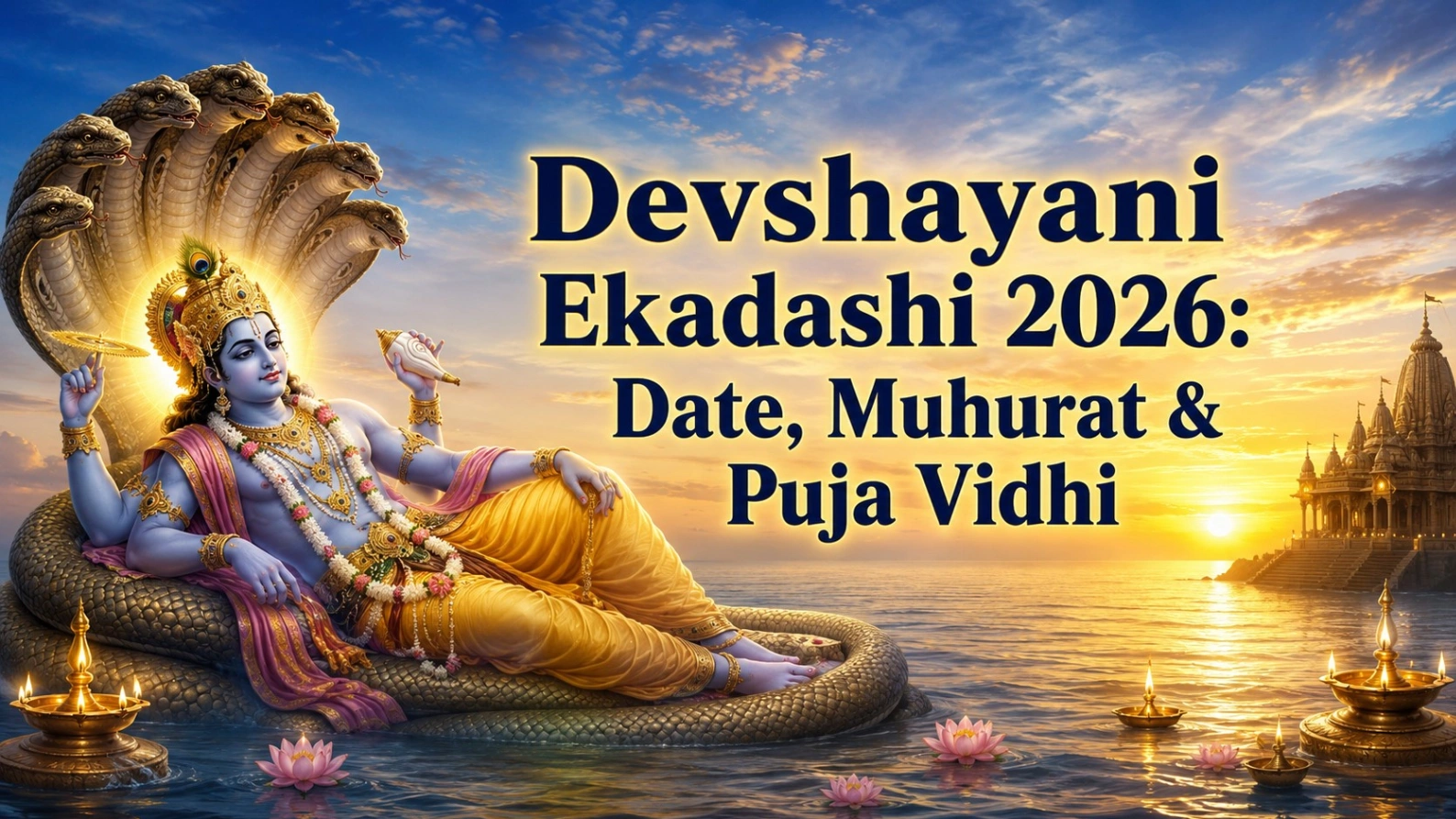 Lord Vishnu reclining on Sheshnag over the cosmic ocean at sunrise, with bold text reading “Devshayani Ekadashi 2026: Date, Muhurat & Puja Vidhi.”
