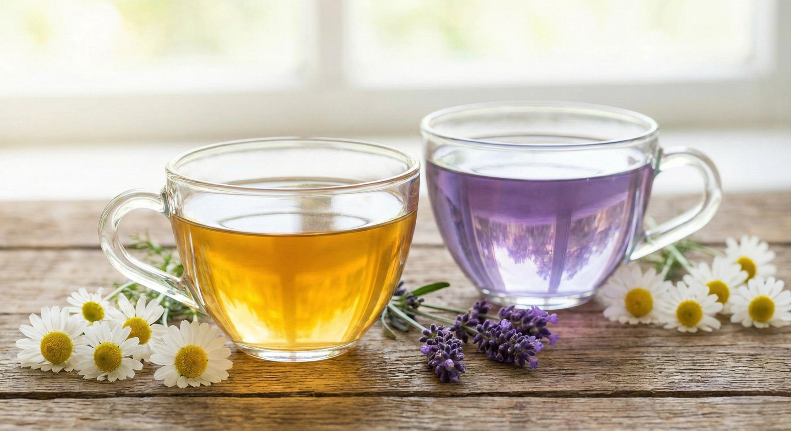 : A close-up photograph of a clear glass cup of golden chamomile tea and a cup of purple lavender tea side-by-side on a wooden table, decorated with fresh chamomile flowers and lavender sprigs.