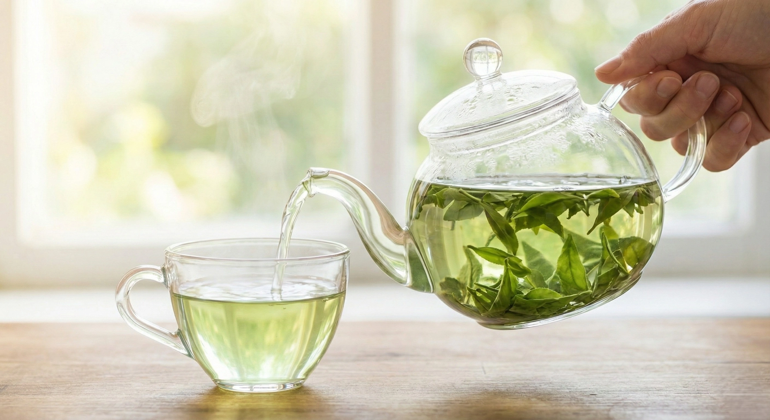 A hand pours hot, steaming green tea from a clear glass teapot containing fresh tea leaves into a matching glass cup on a wooden table by a sunlit window.