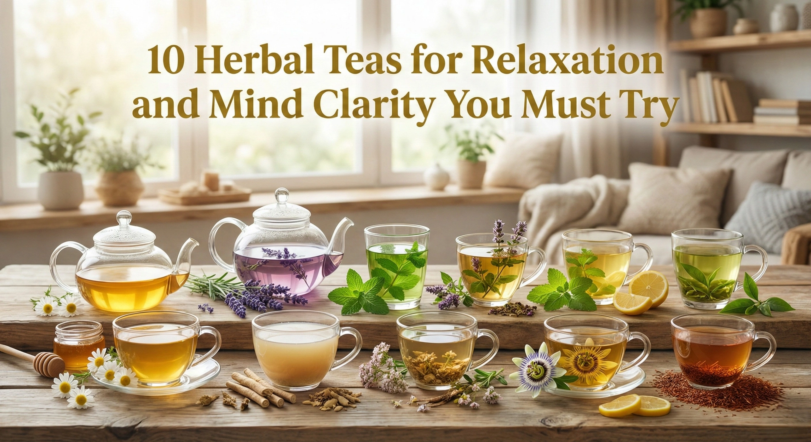 A calming, realistic arrangement of various herbal teas in glass cups and teapots on a wooden table, accompanied by fresh herbs like chamomile, lavender, and mint. The image features a bold text overlay at the top that reads: