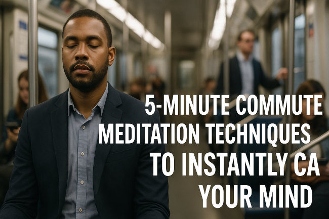A man in formal office wear sits calmly with his eyes closed while meditating inside a metro train, with the text “5-Minute Commute Meditation Techniques to Instantly Calm Your Mind” displayed on the right side of the image.