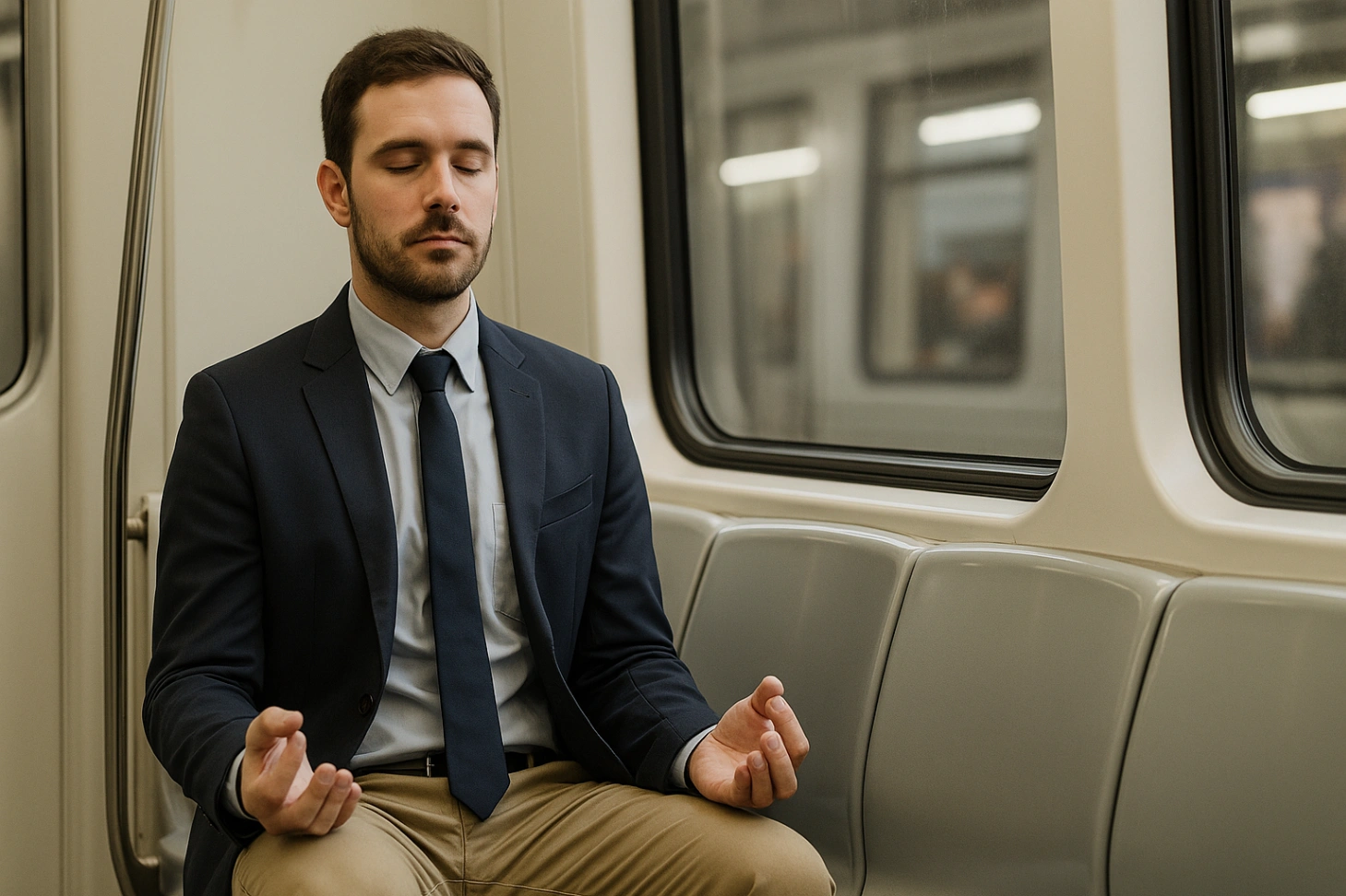 A man in formal office attire sits calmly in a metro train with his eyes closed, practicing a meditation pose during his commute, creating a peaceful and focused atmosphere inside the subway.