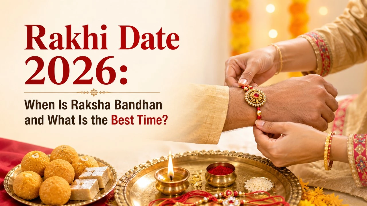 Raksha Bandhan 2026 banner showing a sister tying a decorative rakhi on her brother’s wrist, with a festive thali, diya, kumkum, rice, sweets, and bold text reading “Rakhi Date 2026: When Is Raksha Bandhan and What Is the Best Time?”