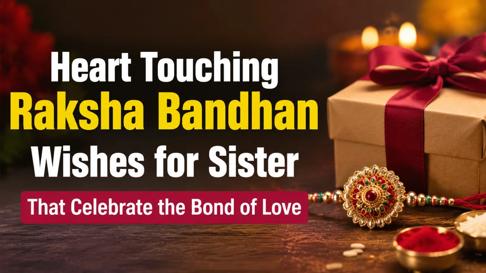 Heart touching Raksha Bandhan wishes for sister 2026 featuring a beautifully decorated Rakhi, gift box with red ribbon, kumkum and rice bowls, celebrating the emotional bond of love between siblings.