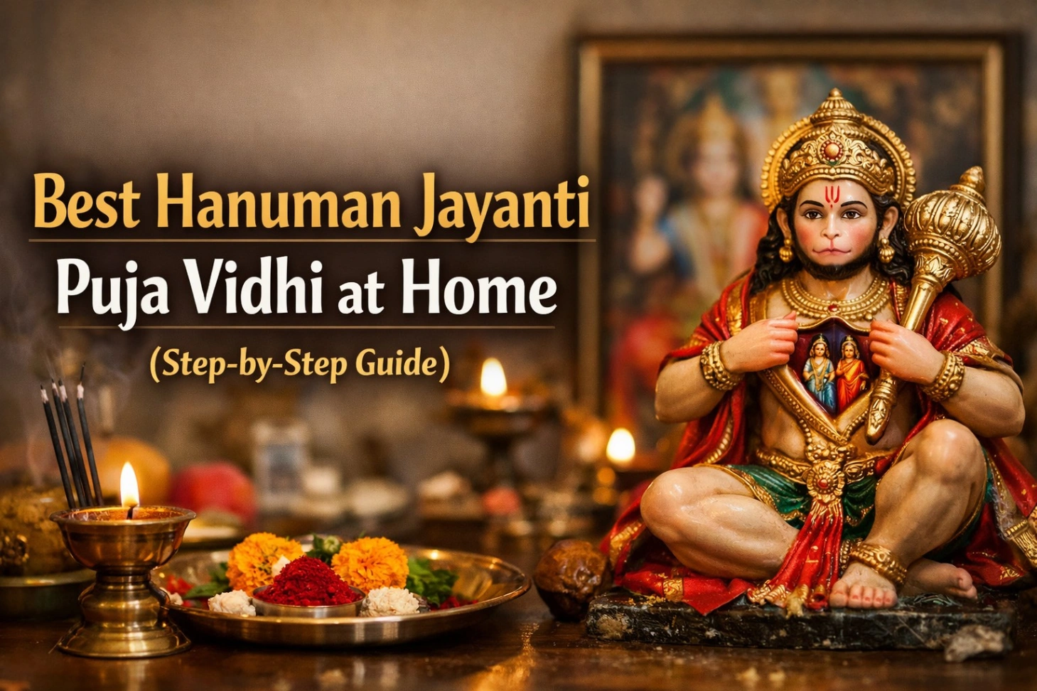 “A realistic 16:9 image of a home temple setup featuring a detailed idol of Lord Hanuman holding a gada, surrounded by lit diyas, incense sticks, and marigold flowers. Bold golden text reads ‘Best Hanuman Jayanti Puja Vidhi at Home (Step-by-Step Guide)’ against a warm, devotional background.”