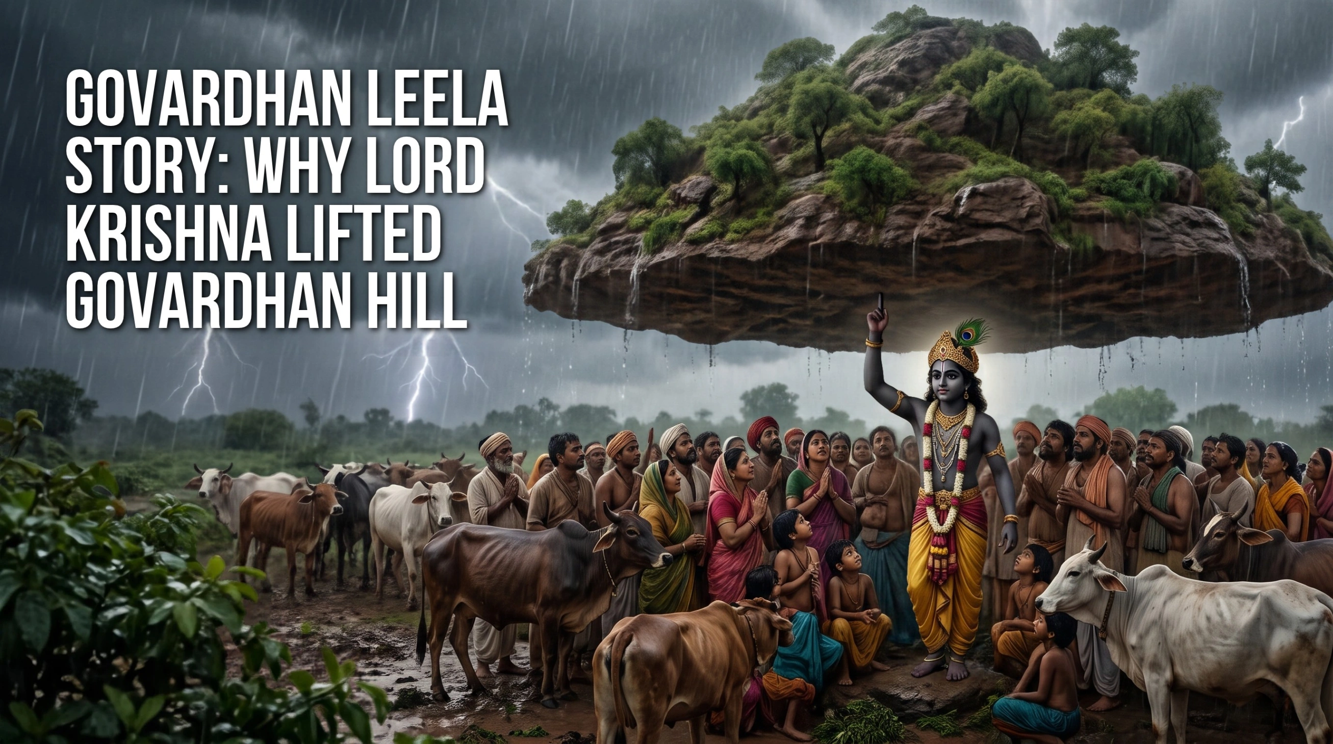 Lord Krishna lifting Govardhan Hill on his little finger to protect the people and cattle of Vrindavan from Lord Indra’s storm.
