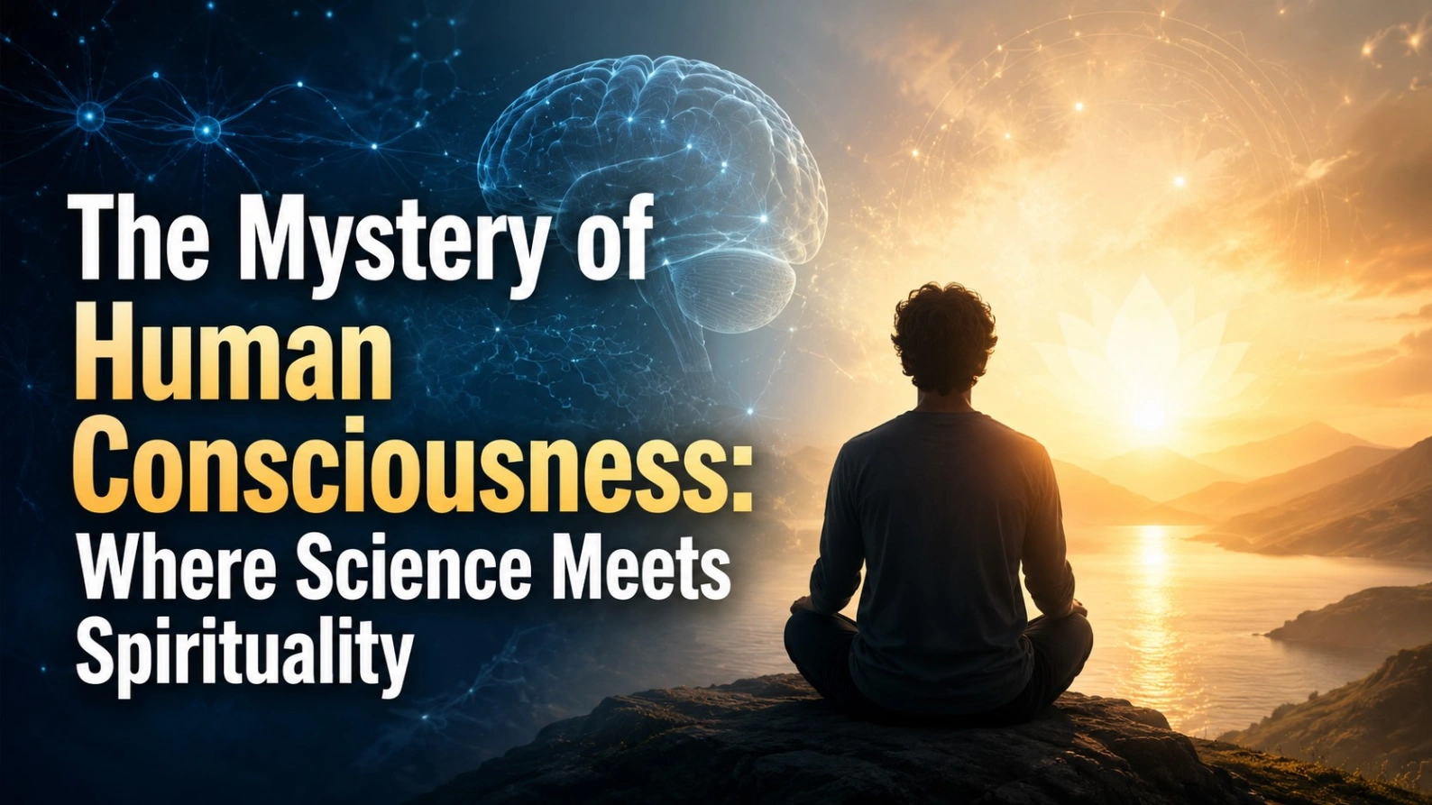 Bold blog banner showing a meditating person between a glowing brain with neural connections and a golden spiritual sunrise, representing the meeting of science and spirituality in human consciousness.