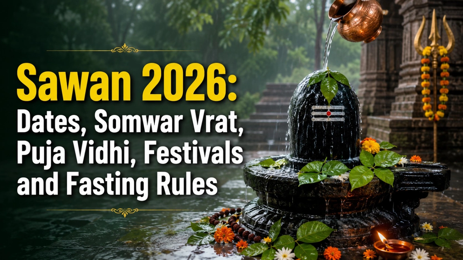 Sawan 2026 banner featuring a Shivling with Jalabhishek, belpatra, flowers and a diya in a serene monsoon temple setting.