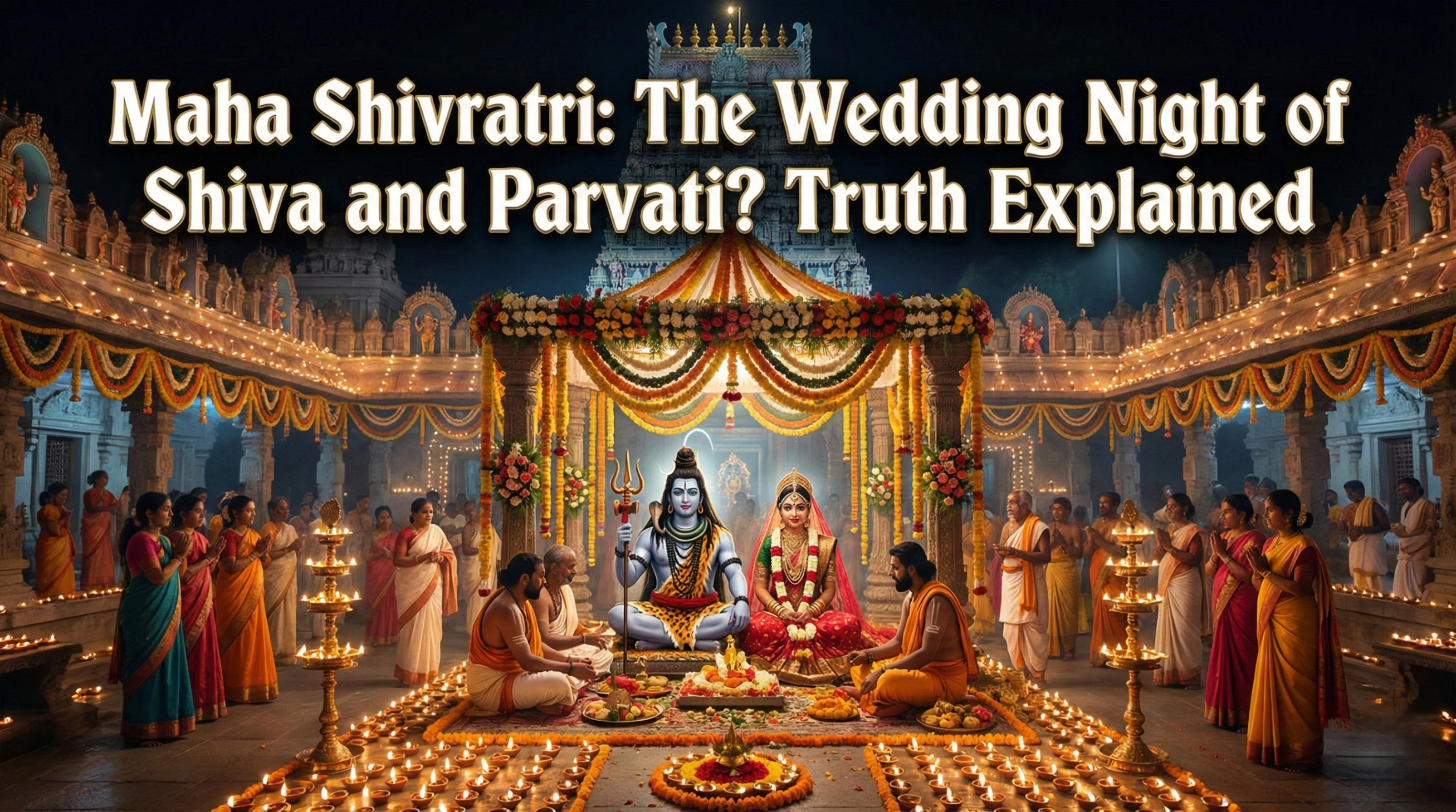 A realistic 16:9 blog header image depicting a festive Hindu temple scene at night, glowing with rows of oil lamps and marigold garlands. In the center, Lord Shiva and Goddess Parvati are seated for a divine wedding ceremony, surrounded by observing devotees. Large, bold text at the top reads: