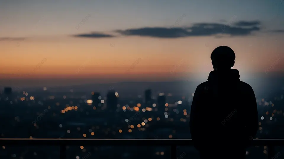 Silhouette Of Man Looking At City Lights During Golden Hour Sunset On  Rooftop, Urban Solitude, Rooftop Reflection, Cityscape Horizon Background  Image And Wallpaper for Free Download