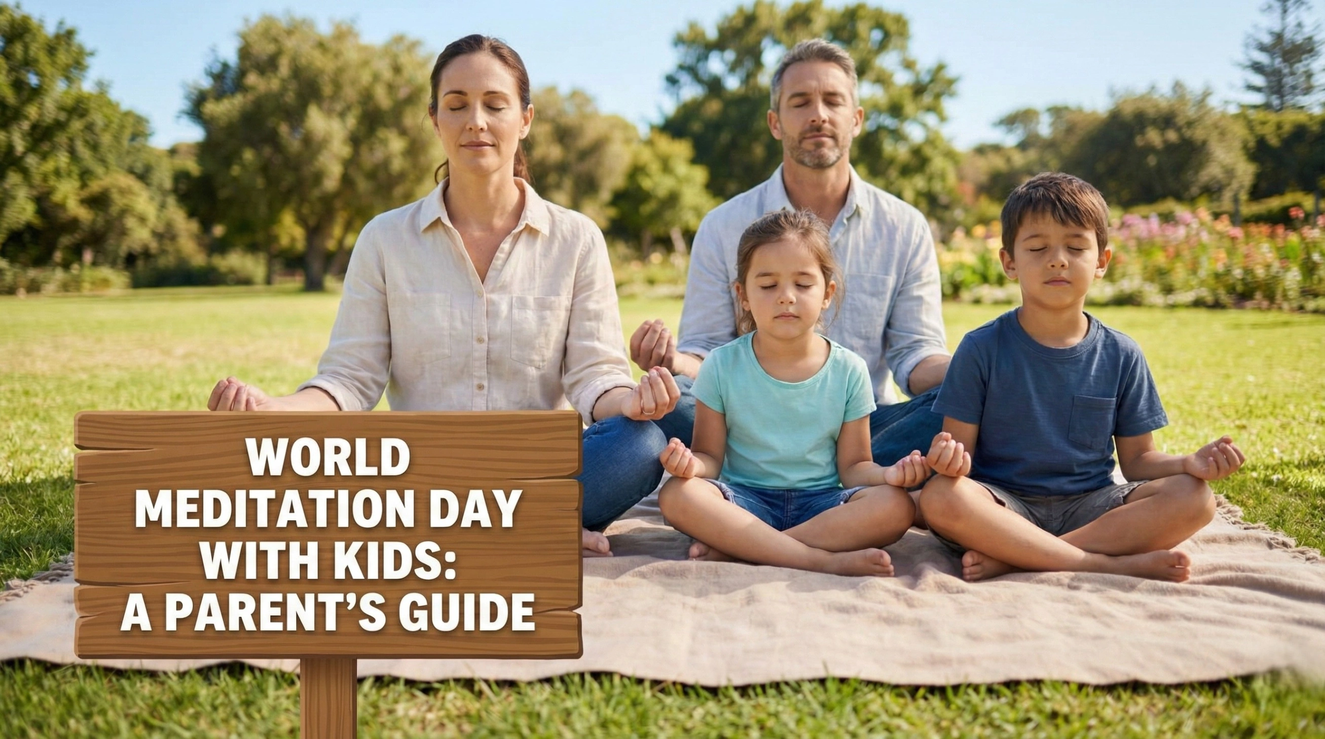 A realistic photo of a family sitting on a blanket in a sunny park celebrating World Meditation Day with kids. Two parents and two young children are sitting cross-legged in a meditative pose with their eyes closed, demonstrating family mindfulness. A wooden sign in the foreground reads