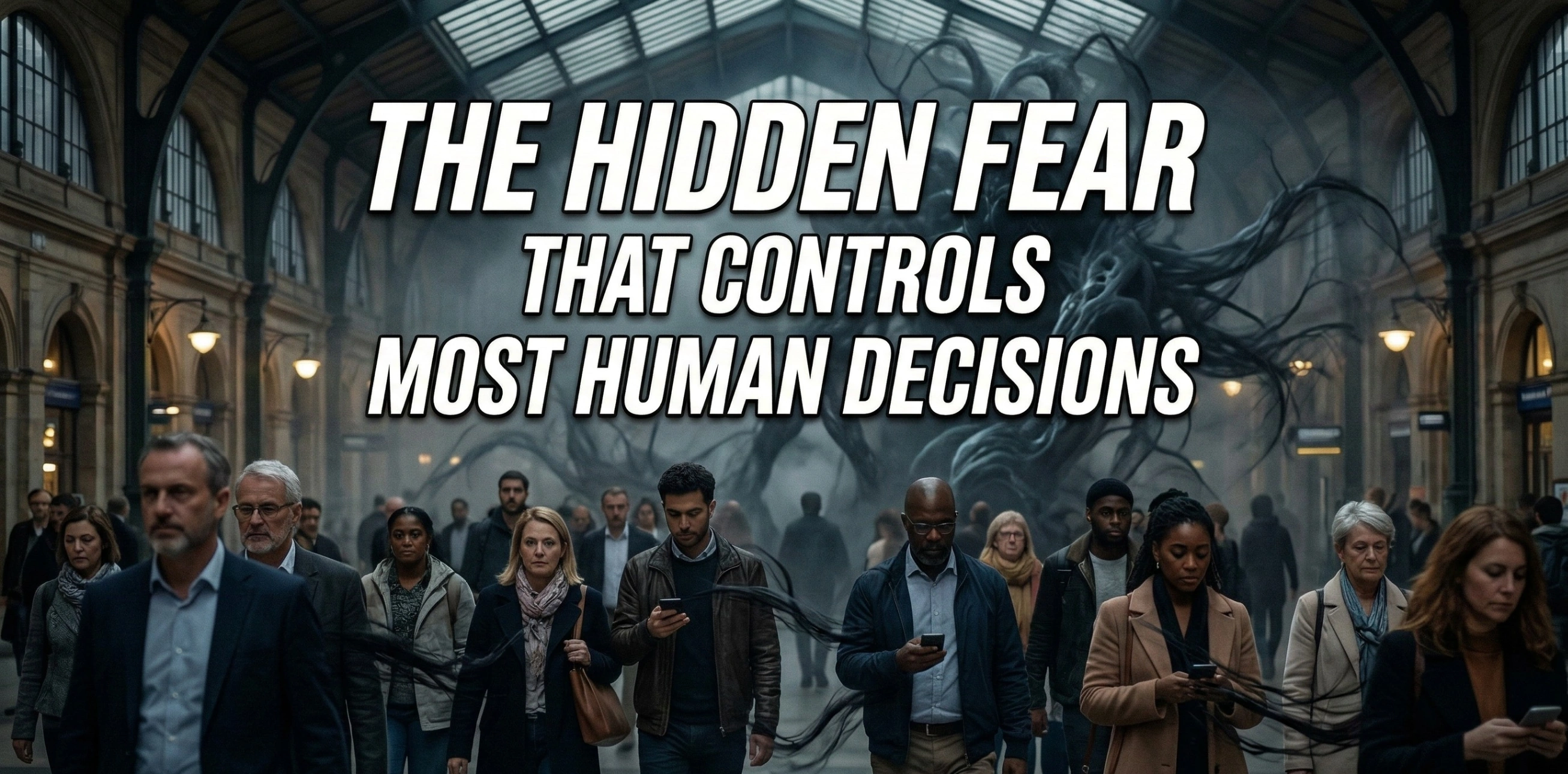 A dramatic photograph inside a grand, historic train station with a diverse crowd of people walking towards the camera. Large, white text at the top reads: