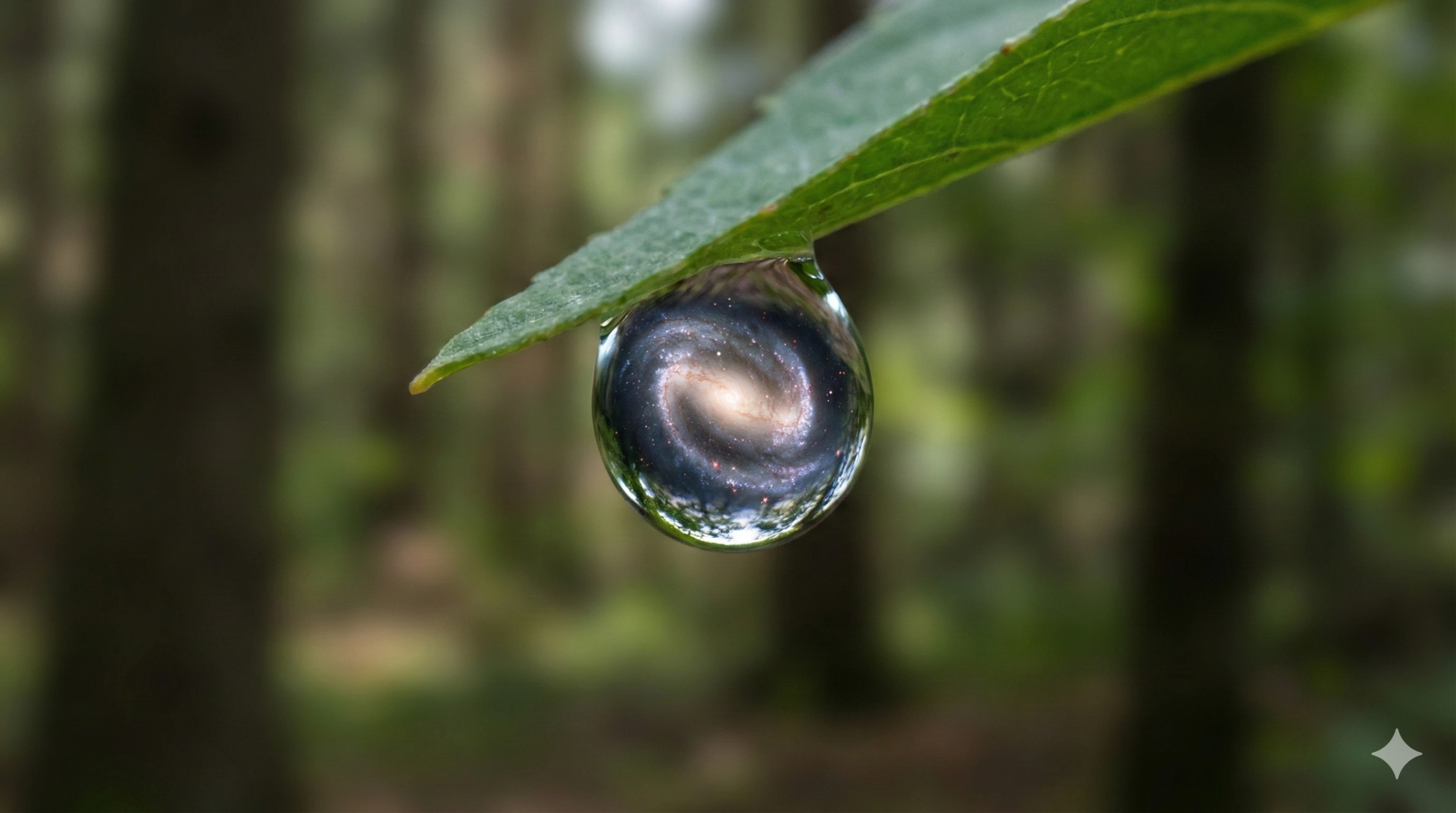 Close-up macro photography of a water drop hanging from a green leaf, revealing a reflection of a swirling galaxy inside, symbolizing the concept of the universe within the individual.