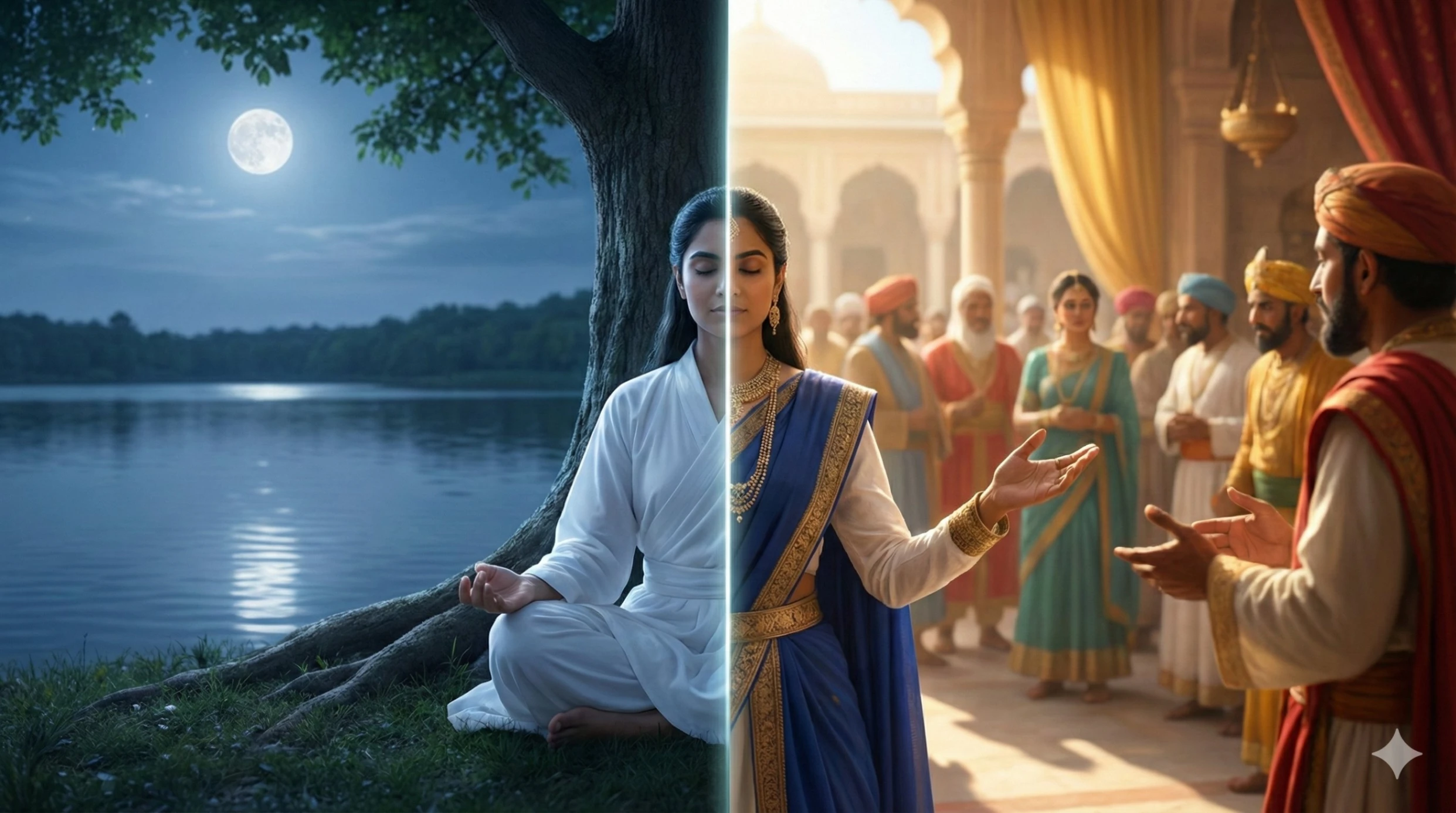 Split-screen illustration depicting spiritual equanimity: the left side shows a figure meditating peacefully in nature, while the right side shows the same figure actively leading in a busy royal court.