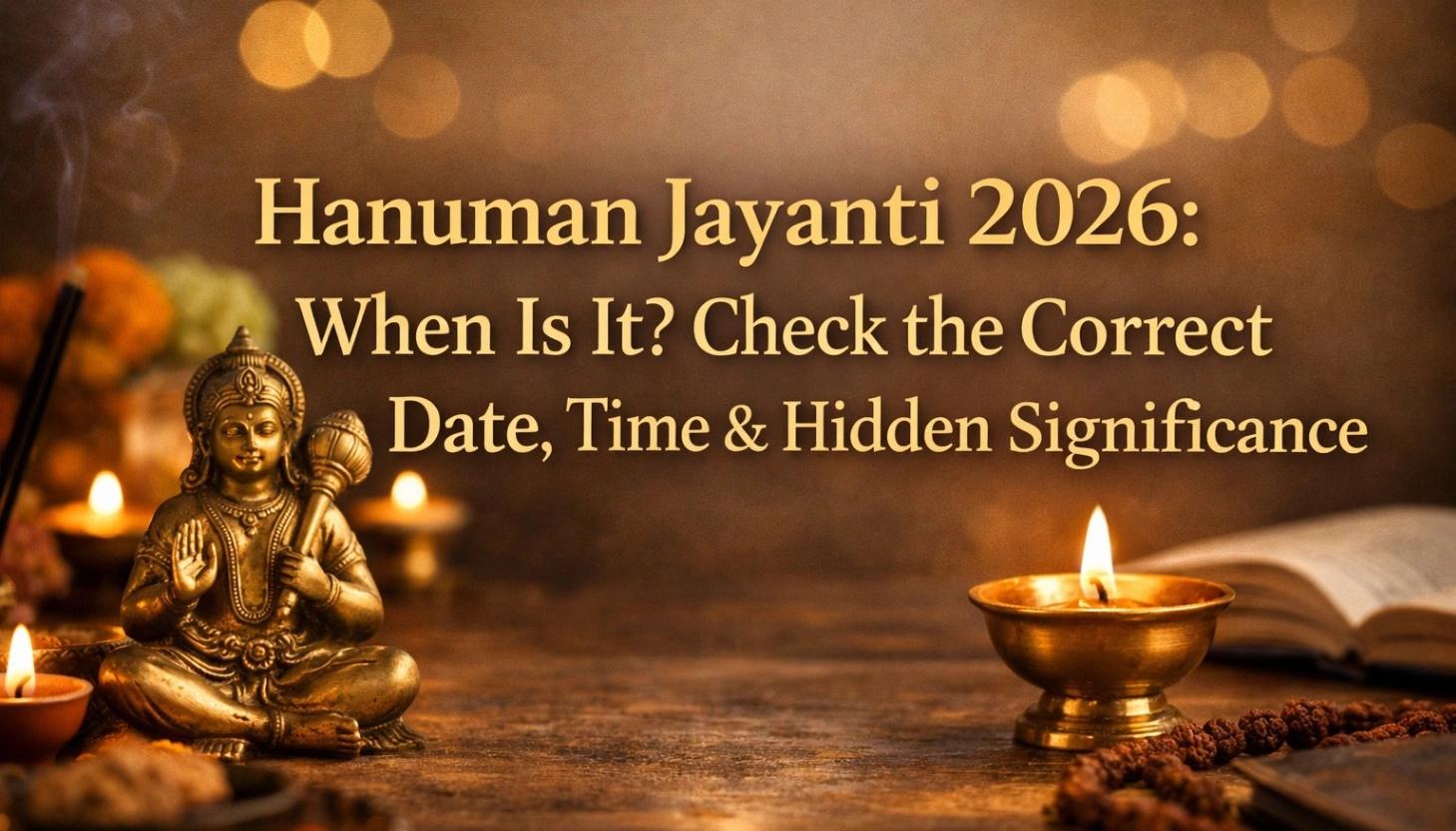 A warm, spiritual 16:9 banner featuring a golden statue of Lord Hanuman beside a lit diya, rudraksha beads, and soft glowing lights, with bold text reading “Hanuman Jayanti 2026: When Is It? Check the Correct Date, Time & Hidden Significance.”