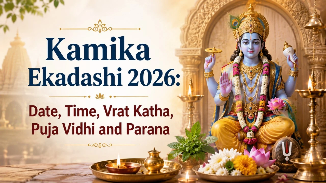 Kamika Ekadashi 2026 banner featuring Lord Vishnu, Tulsi leaves, flowers and lit diyas with the title “Date, Time, Vrat Katha, Puja Vidhi and Parana.”